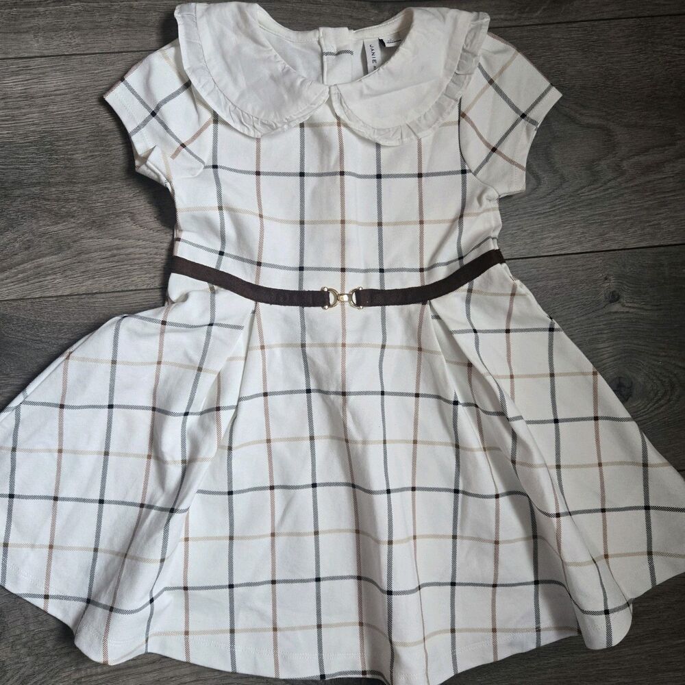 Janie and Jack Girls 3T Windowpane Plaid Dress Peter Pan Collar Equestrian Belt